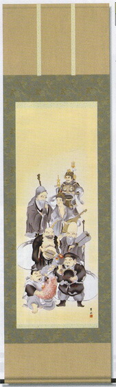アンティーク 神社 歳徳神 正月さま 寿老人 七福神 童子 鹿 鶴 紙本 掛軸 掛け軸 寿老人鶴亀 三幅対 田中昭耀 美術年鑑掲載作家 限定品