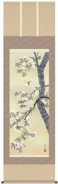 桜花に小鳥　掛軸