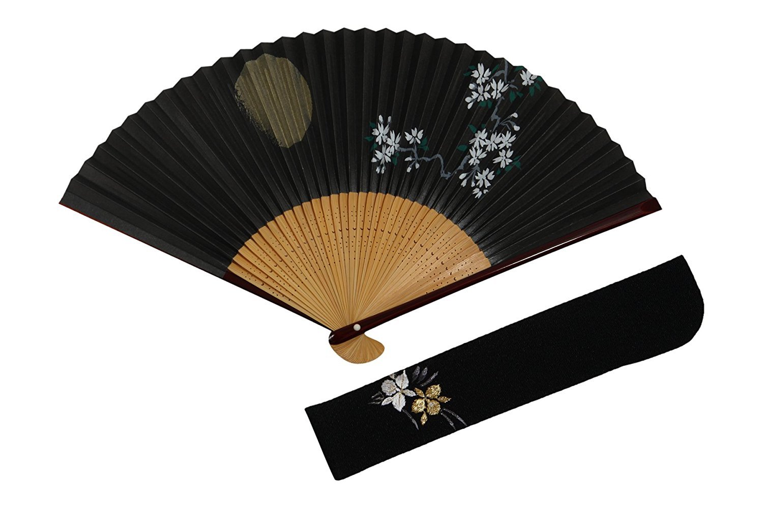海外ブランド 扇子 京扇子 レディース 月と夜桜 両面柄 京都職人 手作り 扇子 刺繍入り 扇子袋付き 紙箱入り K Craccs Gob Ni