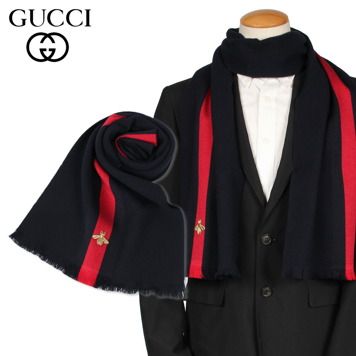 楽天市場 最大600円offクーポン Gucci Sc Strong Bee Scarf グッチ マフラー ストール メンズ レディース カシミア ウェブストライプ ダーク ブルー g487 Goods Lab