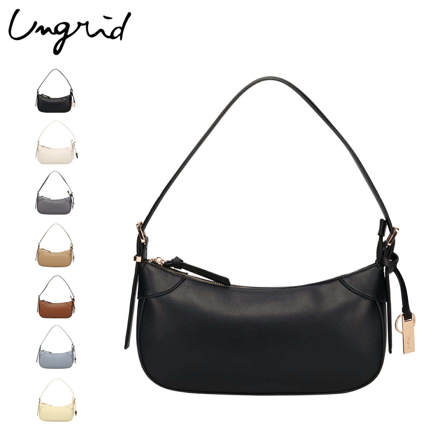 Ungrid シンプルスムース プレートチャーム付 ワイド アングリッド バッグ ショルダーバッグ レディース 斜めがけ 大人 軽量 上品 ブラック アイボリー グレー ダーク ベージュ ブラウン ブルー イエロー 黒 UNG-54120B 母の日