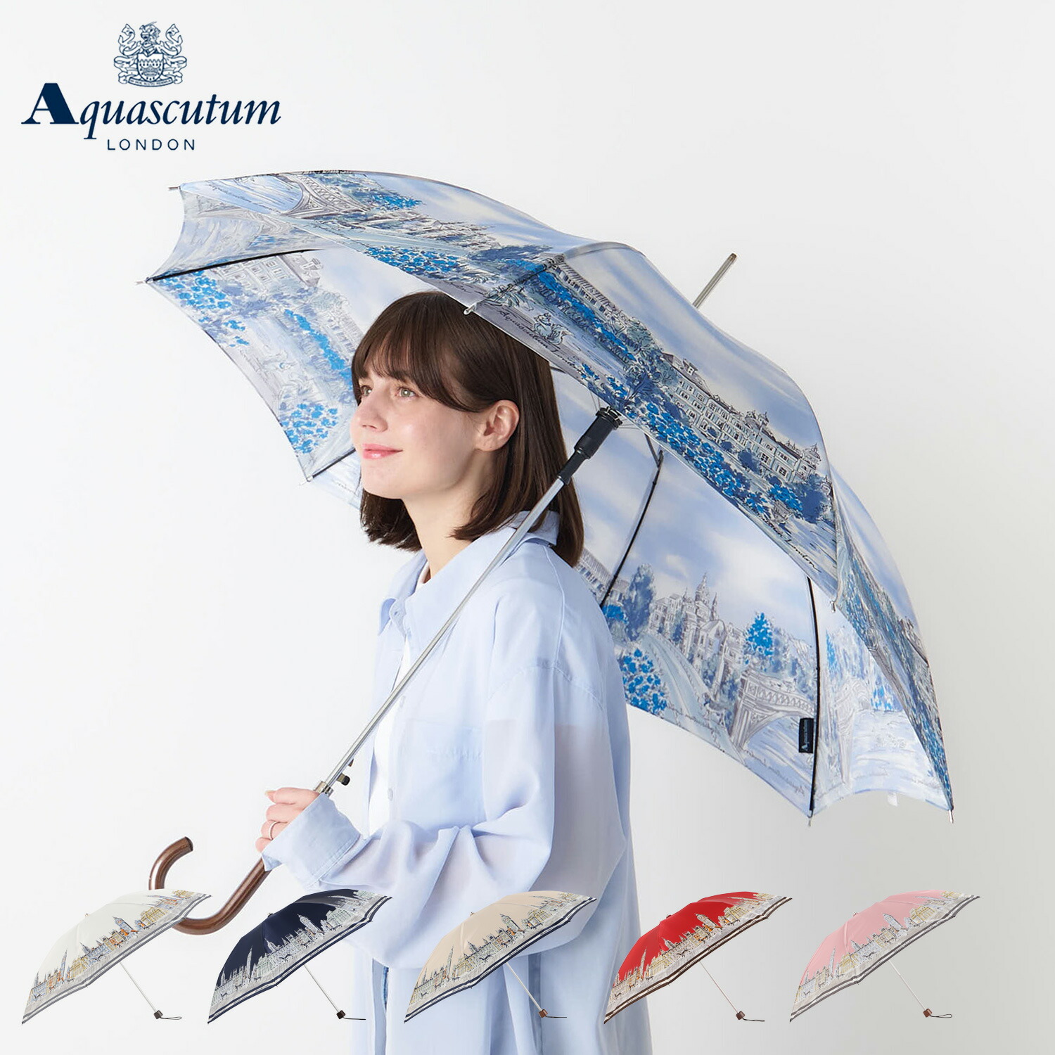 【最大1000円OFFクーポン】 AQUASCUTUM アクアスキュータム 長傘 雨傘 レディース 耐風 ボタン式 日本製 ネイビー サックス イエロー ピンク 1AQ 11090｜Goods Lab＋