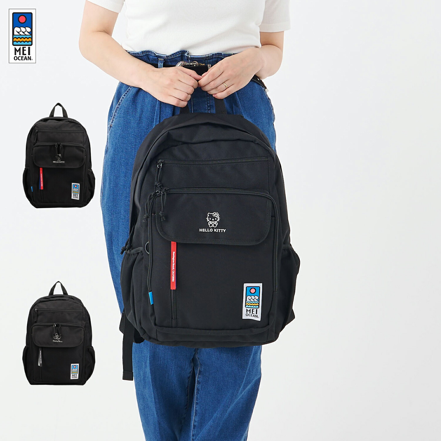 【最大1000円OFFクーポン】 MEI OCEAN メイ オーシャン リュック バッグ バックパック メンズ レディース 大容量 A4 20L キティ ミッキー コラボ 限定 ブラック 黒 62105 62102｜Goods Lab＋
