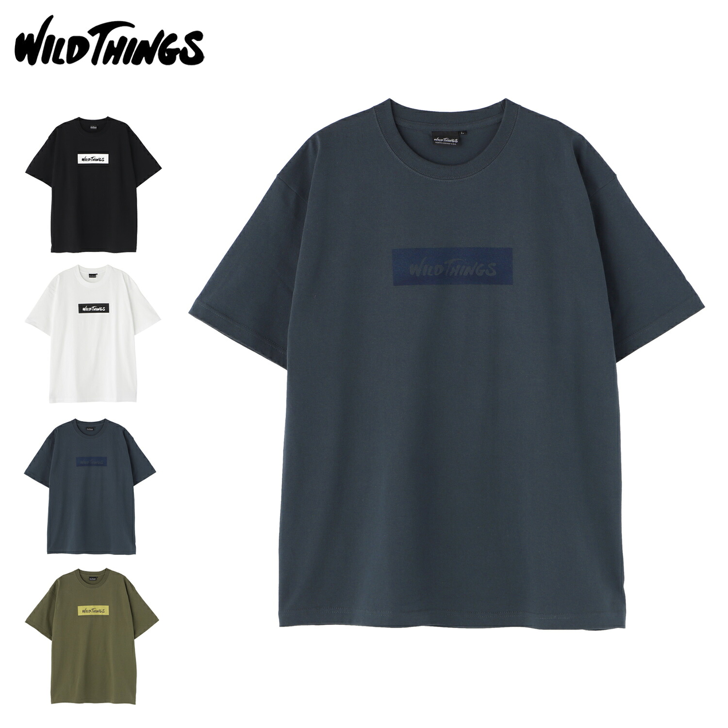 WILD THINGS BOX LOGO TEE ワイルドシングス Tシャツ 半袖 メンズ レディース ブラック ホワイト ネイビー カーキ 黒 白 WT26055K