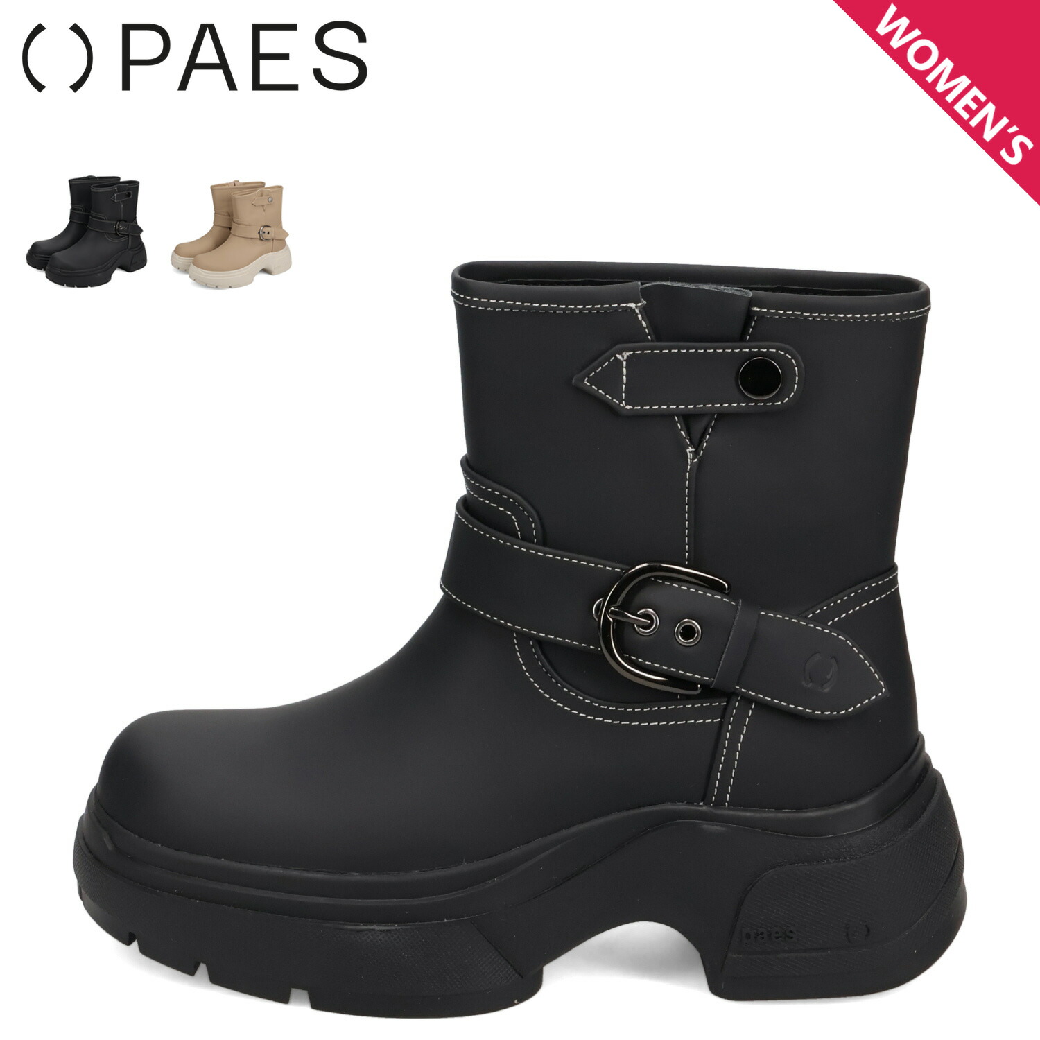 PAES 25266 SNAP BUCKLE RAIN BOOTS ペイズ ブーツ レインブーツ ショートブーツ 長靴 長靴 レディース 厚底 防水 ブラック ベージュ 黒|Goods Lab+