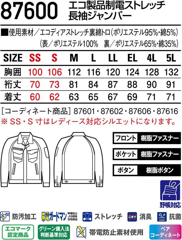 作業服上下セット自重堂Jichodo半袖ジャンパー87610SS-LL&ノータックパンツ8760170cm-88cm春夏ストレッチ制電作業着メンズ送料無料