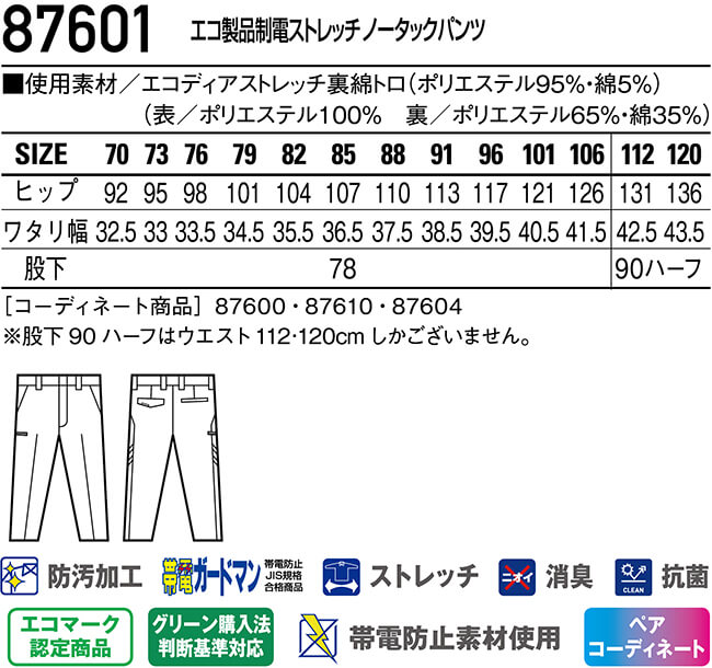 作業服上下セット自重堂Jichodo半袖ジャンパー87610SS-LL&ノータックパンツ8760170cm-88cm春夏ストレッチ制電作業着メンズ送料無料