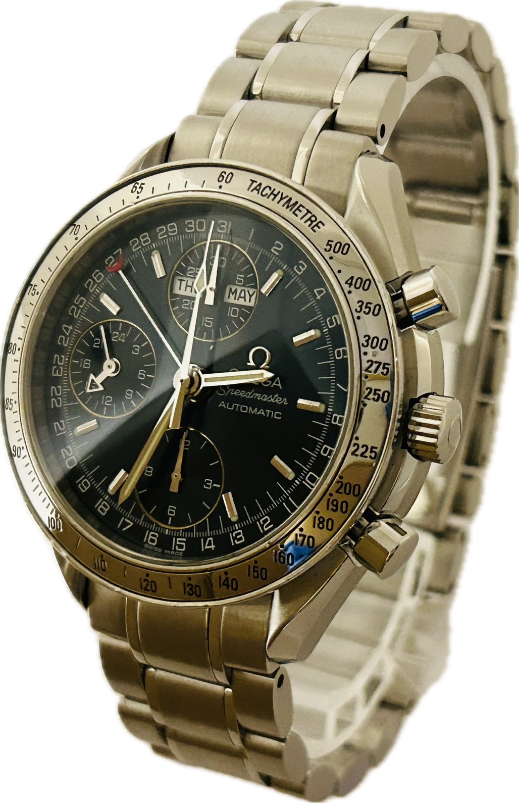 【中古】Omega ゼロ す早さ御師匠さん トリプルデイト 3523.80 メンズ ウォッチ 自動小銃一巻き A6805