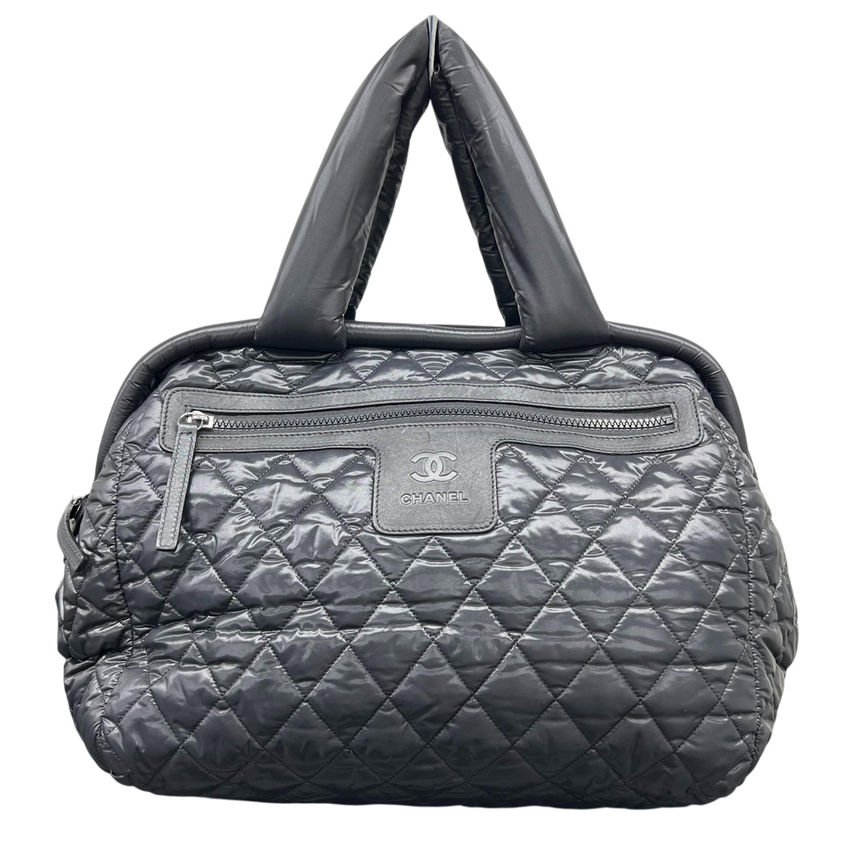【最終価格】CHANEL 美品 シャネル コココクーン キルティング ミニボストンバッグ ハンドバッグ A47205 ナイロン レザー 13番台シリアル ブラック 黒 バッグ がま口 マトラッセ ココマーク ABランク 鑑定済 中古 シャネルバッグ