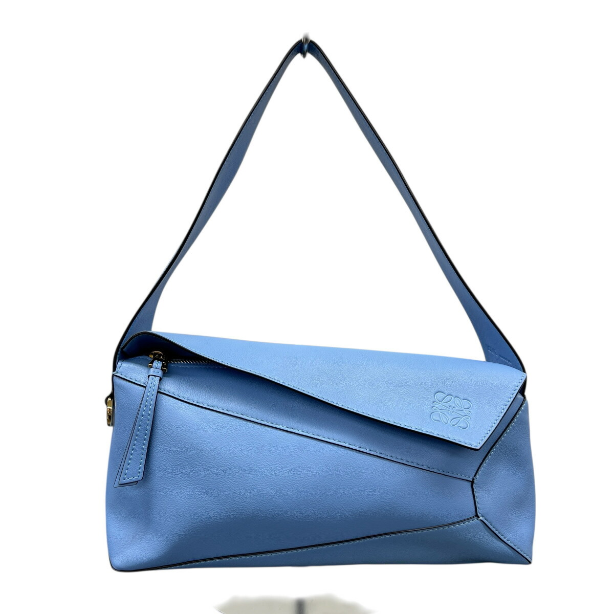 【3/31価格改定】LOEWE 希少 極美品 PUZZLE パズル ホーボーバッグ ショルダーバッグ A510J67X01 カーフ レザー ブルー ライトブルー セミショルダー ワンショルダー ミニバッグ Aランク 中古 鑑定済 ロエベバッグ