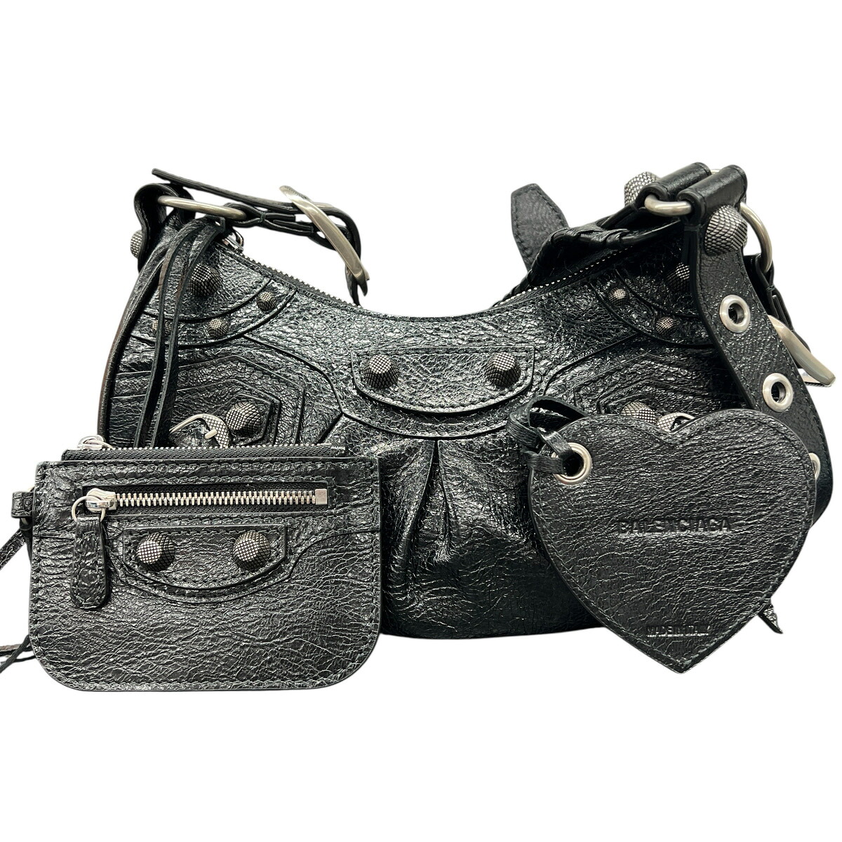 【4/14価格改定】BALENCIAGA 極美品 バレンシアガ Le Cagole XS ショルダーバッグ 671309 レザー ブラック シルバー金具 クロスボディ ポシェット スタッズ ハート ミラー・ポーチ付属 Y2K Aランク 中古 鑑定済 バレンシアガバッグ