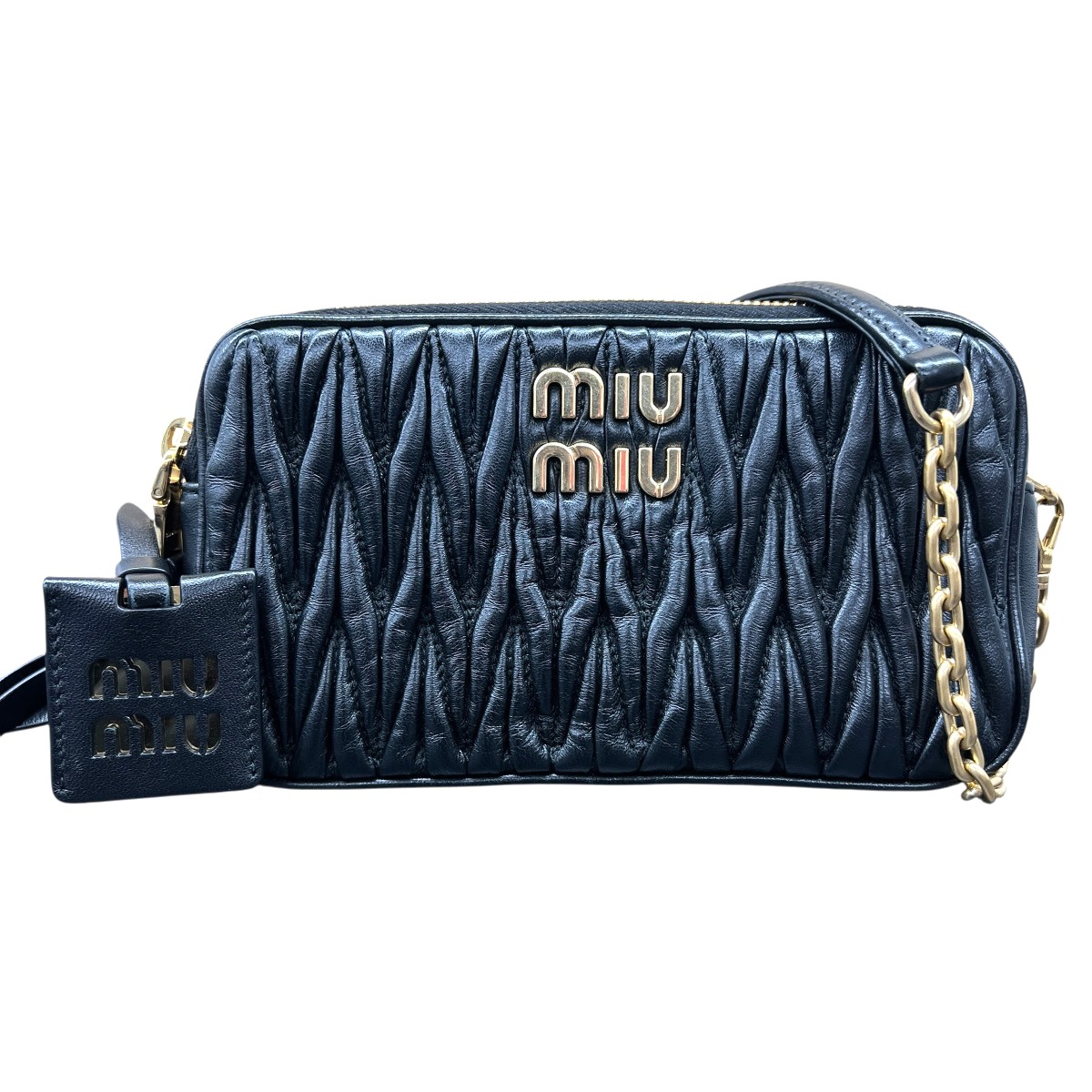 【4/14価格改定】MIUMIU 希少 極美品 ミュウミュウ マテラッセ ギャザー 2way ショルダーバッグ クラッチバッグ レザー ブラック ゴールド ビッグ ロゴ クロスボディ ポシェット ビジュー miumiu Aランク 中古 鑑定済 ミュウミュウバッグ