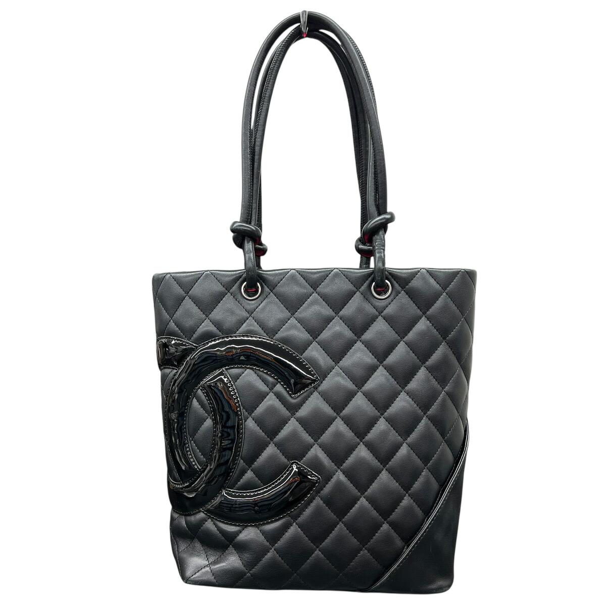 CHANEL 美品 シャネル カンボンライン ミディアム トートバッグ A25167 11番台シリアル ラムスキン レザー エナメル オールブラック シルバー金具 ショルダーバッグ デカココマーク ヴィンテージ アンティーク レディース ABランク 鑑定済 中古 シャネルバッグ