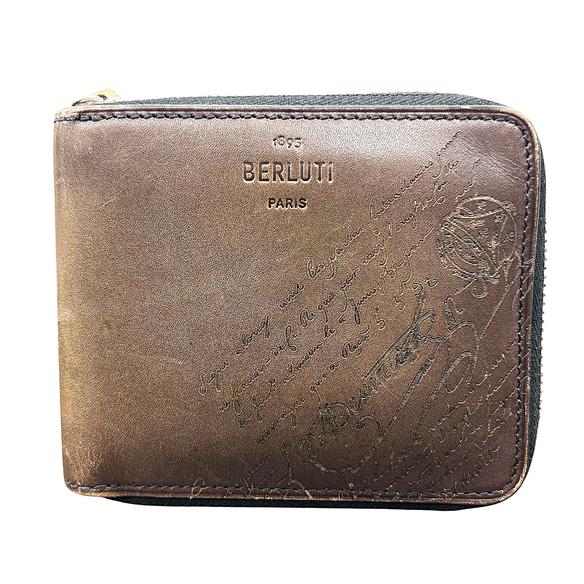 Berluti 美品 ベルルッティ イタウバ スクエア スクリットレザー ジップ付きウォレット カリグラフィ 二つ折り財布 ベネチアン レザー ライトブラウン コンパクトウォレット ミニ 小銭入れ有 メンズ ABランク 中古 鑑定済 ベルルッティ財布