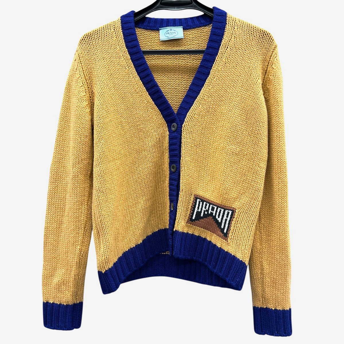 PRADA 極美品 プラダ ロゴ編み カーディガン ニット カシミヤ ポリエステル 長袖 2018年 P25G51 ブラウン ブルー ロゴ #40 レディース Aランク 中古 鑑定済 プラダニット