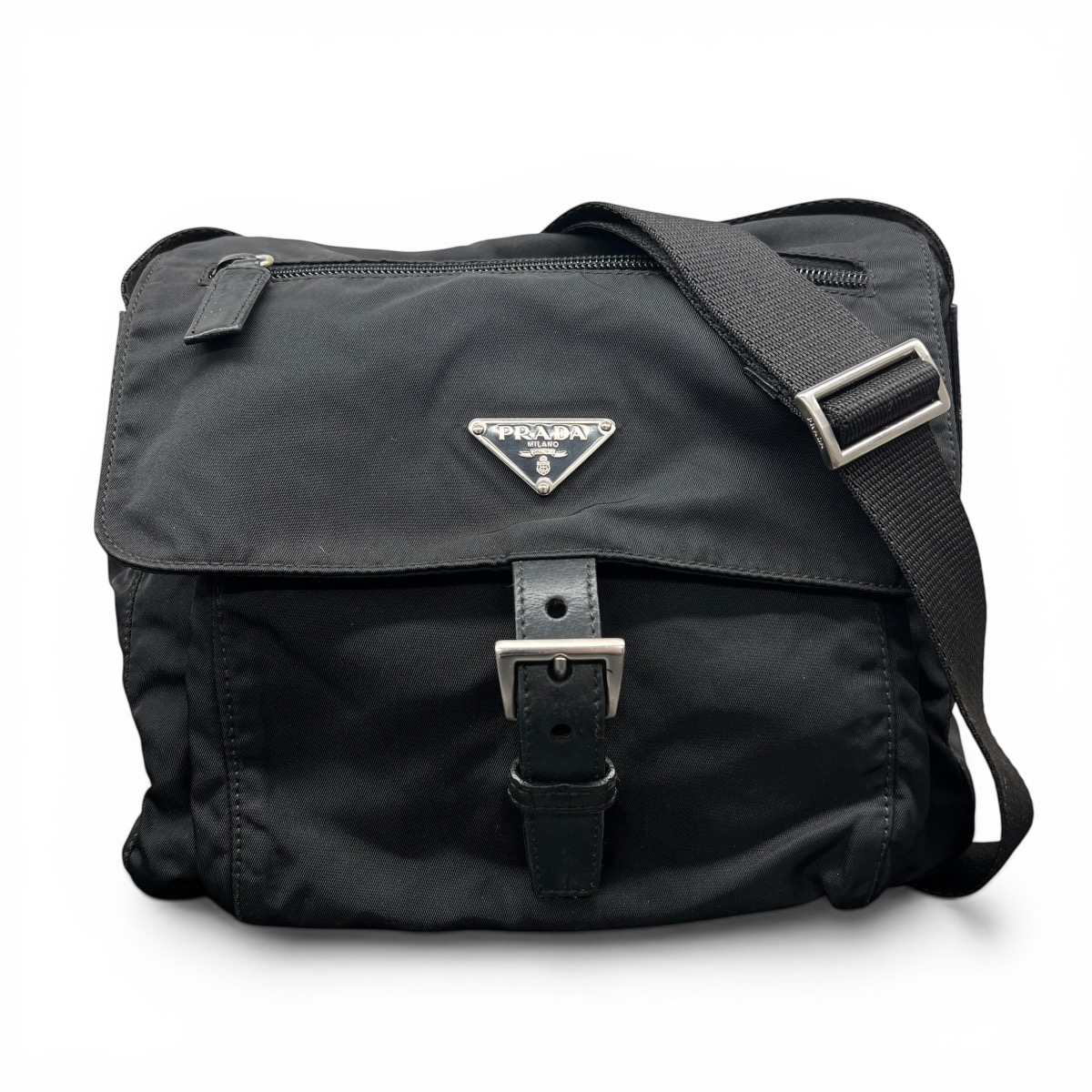 PRADA 美品 プラダ VELA トライングルロゴ ショルダーバッグ BT8994 テスート ナイロン レザー ブラック 三角プレート ロゴプレート クロスボディ メッセンジャーバッグ ABランク 鑑定済 中古 プラダバッグ