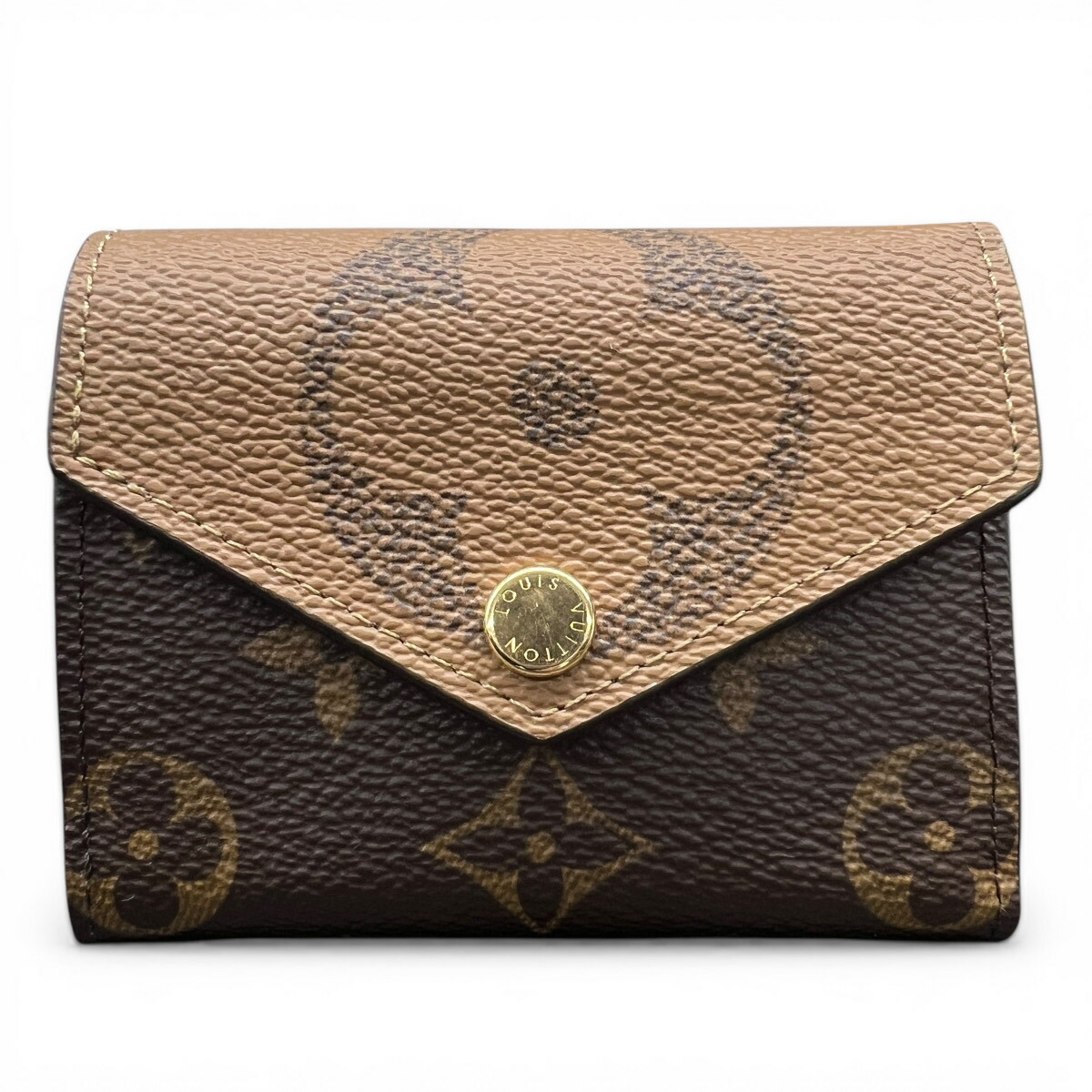 LOUIS VUITTON 展示品級 ルイヴィトン ポルトフォイユ ゾエ モノグラム ジャイアント リバース 三つ折り財布 M80725 PVC レザー RFID確認済 ブラウン ミニ財布 コンパクトウォレット LV ヴィトン 美品 SAランク 中古 鑑定済 ヴィトン財布