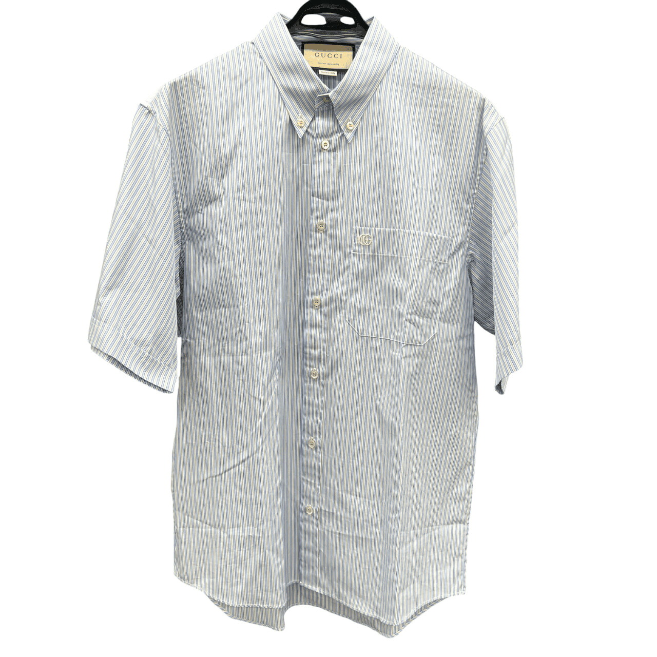 【価格改定】GUCCI 希少 極美品 グッチ RESORT EXCLUSIVE ストライプ コットンシルク シャツ #44 739674 ストライプ ボタンダウン 半袖シャツ コットン シルク GG 刺繍 異素材切替 ブルー オレンジ Aランク 中古 鑑定済 グッチシャツ｜ラグゼル 店