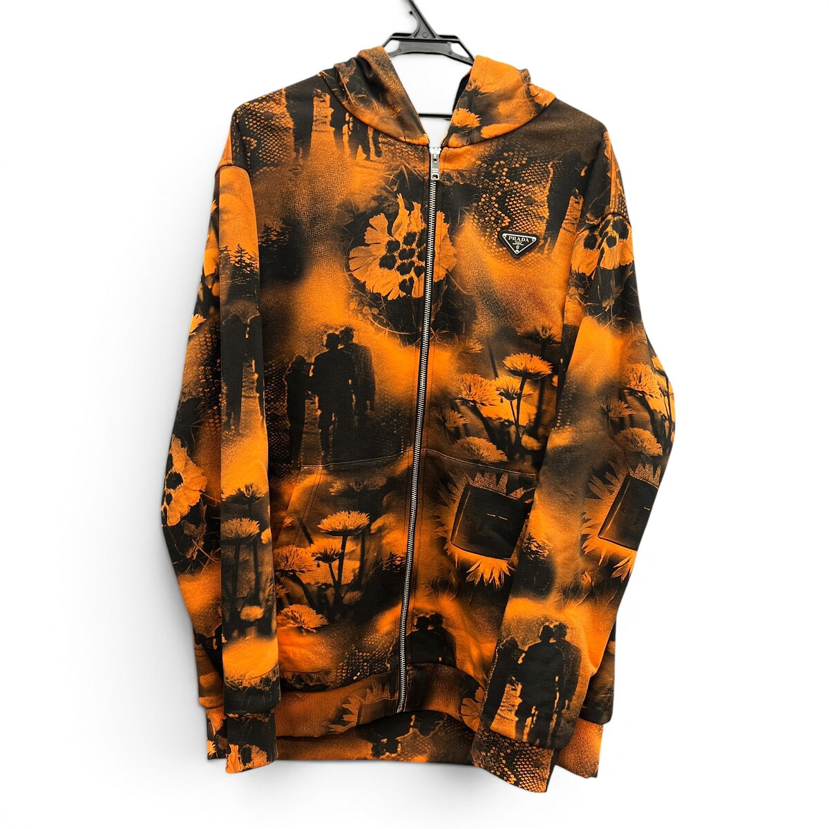【価格改定】PRADA 希少 極美品 プラダ Re Nylon リナイロン トライアングルロゴ フーディ パーカー 長袖 2022年 UJL40A オレンジ ブラック 花柄 フラワー #S プルオーバー 三角タグ Aランク 中古 鑑定済 プラダパーカー|ラグゼル 店