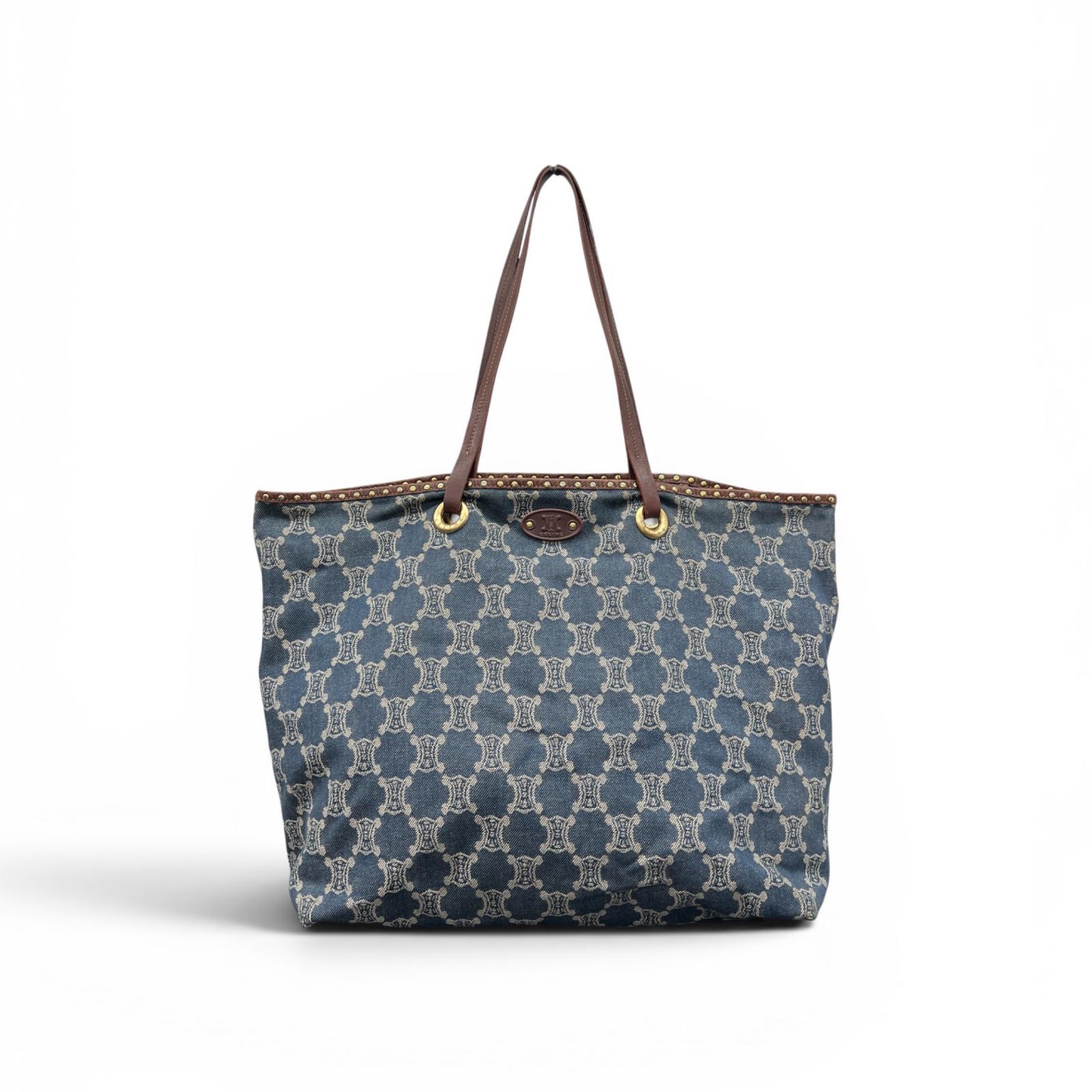 CELINE 希少 セリーヌ パリマカダム スタッズ デニム トートバッグ デニム レザー ブルー ブラウン 肩掛け ショルダーバッグ ショッピングバッグ Y2K Bランク 鑑定済 中古 セリーヌバッグ｜ラグゼル 店