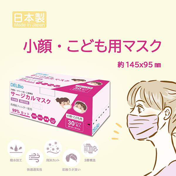 日本製 子供用マスク 3層不織布マスク 30枚入り 60箱セット 1800枚入り ウィルス対策 サージカルマスク ピンク プリーツタイプ 使い捨てタイプ 使い捨てマスク 個別包装 個包装 子ども用 小さいサイズ 小顔用 柔らかいゴムひも 花粉対策 送料込み 高密度フィルタ 68 以上