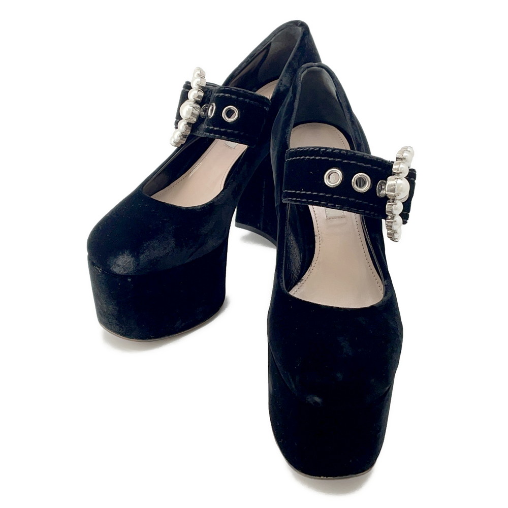 ミュウミュウ パンプス ハイヒール スエード フェイクパール レディースサイズ37 Miu Miu 靴 厚底 黒 【安心保証】 【中古】 ミュウミュウ 靴 ミュウミュウ レディース Miu Miu