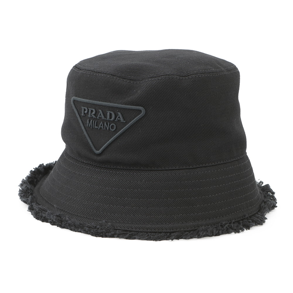 プラダ バケットハット フリンジ トライアングル ロゴ コットン サイズS 1HC137 黒 【中古】 プラダ ハット レディース PRADA