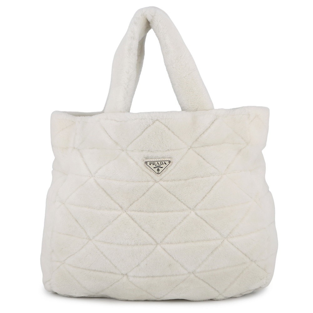 プラダ トートバッグ トライアングルロゴ ムートン 1BG130V PRADA ポーチ付き 白 【安心保証】 【中古】 プラダ バッグ PRADA BAG