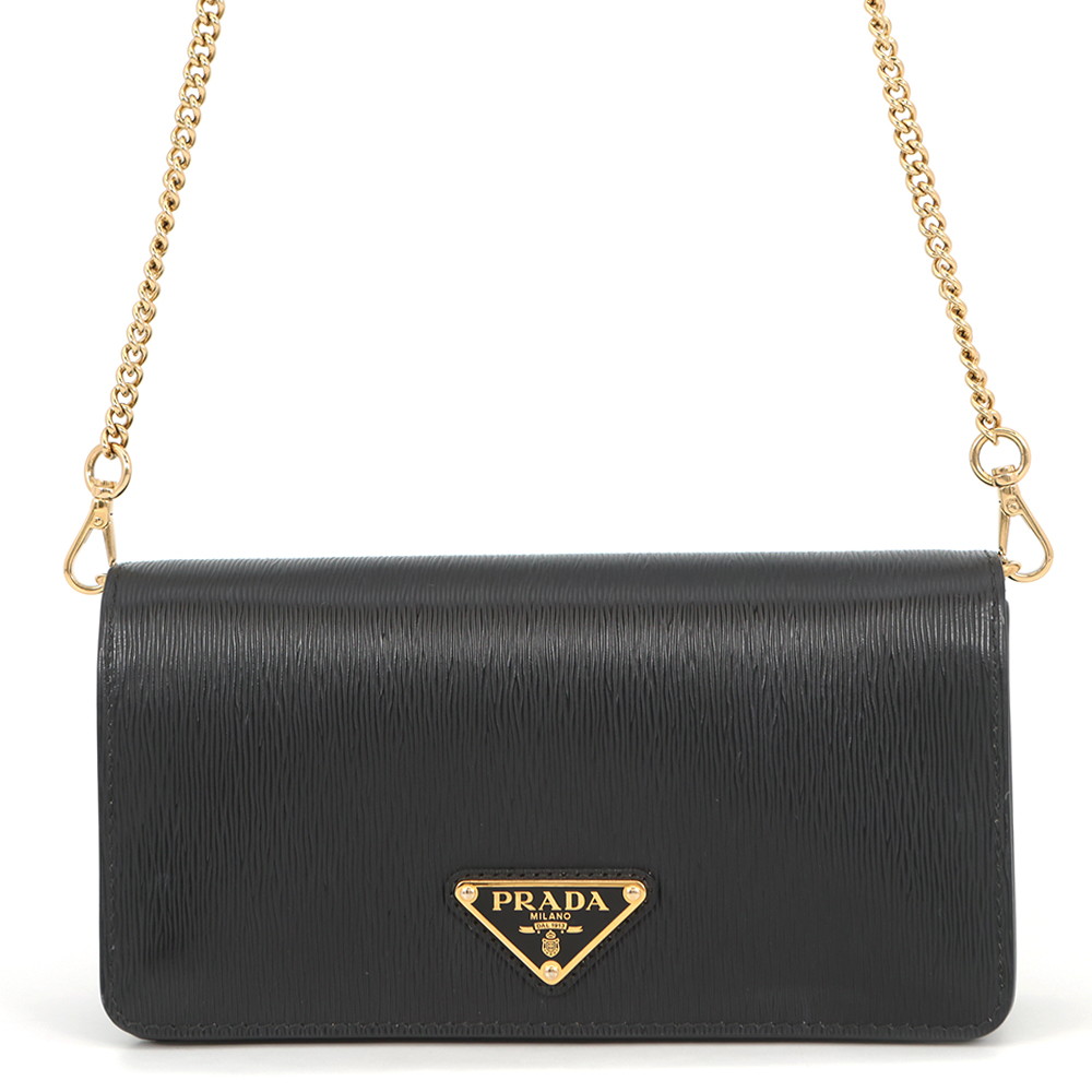プラダ チェーンウォレット ヴィッテロムーブ ３角形ロゴタイプ ミニ なめし革 1BP021 PRADA 金入れ 黒 【楽になること引きうける】 【中古】  プラダ 金入れ PRADA WALLET