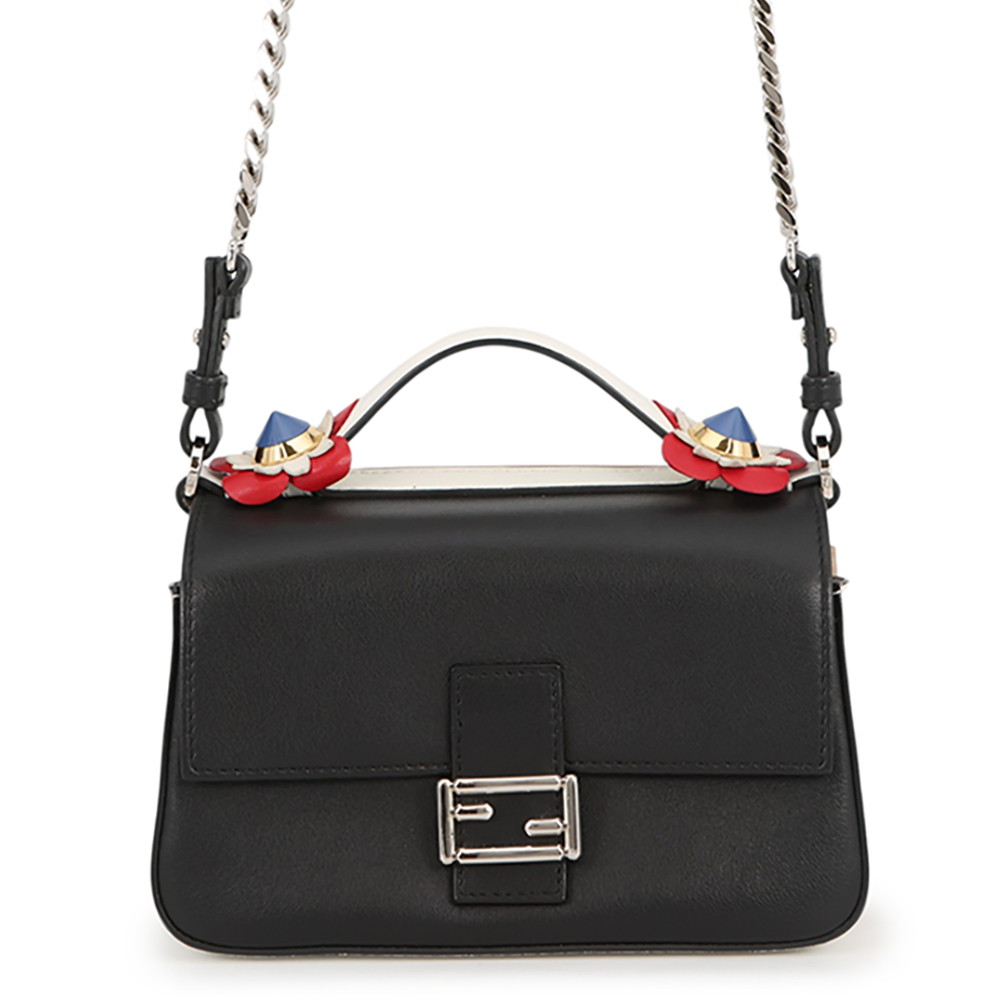 フェンディ ショルダーバッグ ダブル マイクロ フラワーバゲット なめし革 8M0371 FENDI 黒 白 【安全性のある引き請ける】 【中古】  フェンディ 御徒面子 レディース FENDI BAG