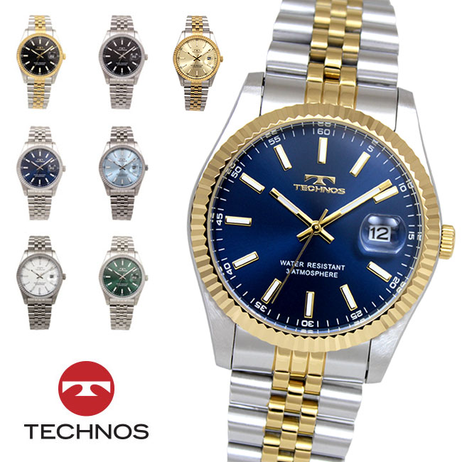 【アウトレット】【訳あり：Ａ】【正規品】TECHNOS テクノス 腕時計 T6C10シリーズ メンズ クォーツ オールステンレス 三針 カレンダー T6C10 SM SB SW SN SI TC TB TN ブラック ゴールド アイスブルー ブルー グリーン シャンペーン ホワイト