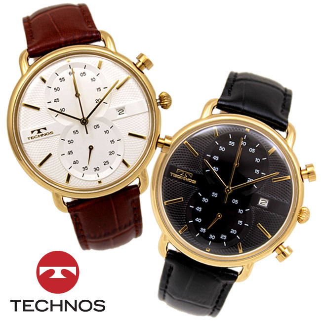 【アウトレット】【訳あり：Ａ】【正規品】TECHNOS テクノス 腕時計 T6C26シリーズ メンズ クォーツ 牛革ベルト センタークロノグラフ T6C26GB T6C26GS ブラック ゴールド シルバー