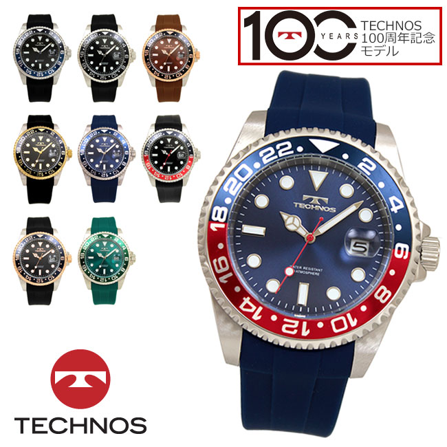 【アウトレット】【訳あり：Ａ】【正規品】TECHNOS テクノス100周年記念モデル 腕時計 T6C28シリーズ メンズ クォーツ 回転ベゼル 三針 カレンダー T6C28SB NN GB PB NR BN AP MM SH ブラック ゴールド ブラウン ブルー グリーン ピンクゴールド レッド