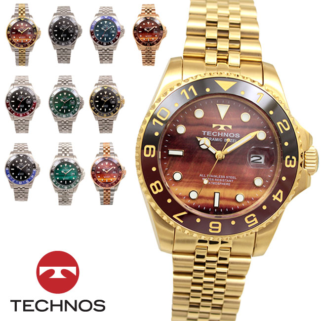 【アウトレット】【訳あり：Ａ】【正規品】TECHNOS テクノス 腕時計 T9C11シリーズ メンズ クォーツ ステンレス セラミック 三針 カレンダー 回転ベゼル T9C11SH MM SN SB NB BG SM TP TG OP OG ブラック ゴールド レッド ブルー グリーン タイガーアイ ピンクゴールド