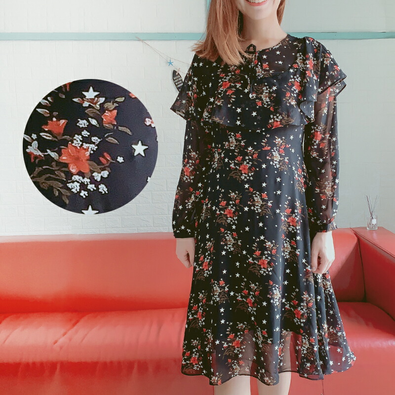 楽天市場 レディース ワンピース ひざ丈 ワンピ 黒 ブラック花柄 星柄 フリル リボン 長袖 オールシーズン 大きいサイズ 綺麗 ぽっちゃり 体系カバー おしゃれ 着やすい 春 夏 秋 Waterelain