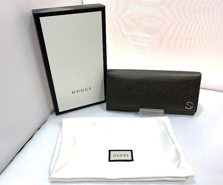 グッチ GUCCI インターロッキング ２つ折り 長財布 オリーブグレー系 256348・496334 【中古】