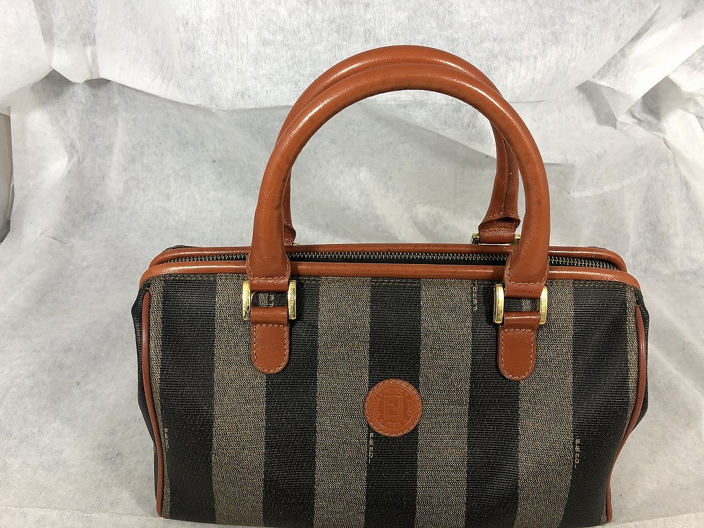 Fendi ボストンバッグ ブラウン・ブラック FENDI フェンディ ボストンバッグ ズッカ柄 キャンバス レザー
