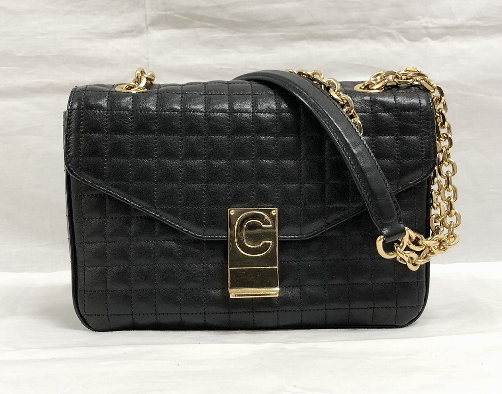 セリーヌ CELINE キルティング C ミディアム レザー チェーン ショルダーバッグ ブラック/ゴールド 187253BFC 【中古】