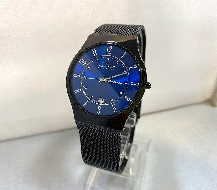 スカーゲン SKAGEN アナログ ウオッチ か細い 薄型 軽さ 逢い引き暦 ブラック・ネイビー系 T233XLTMN 【中古】