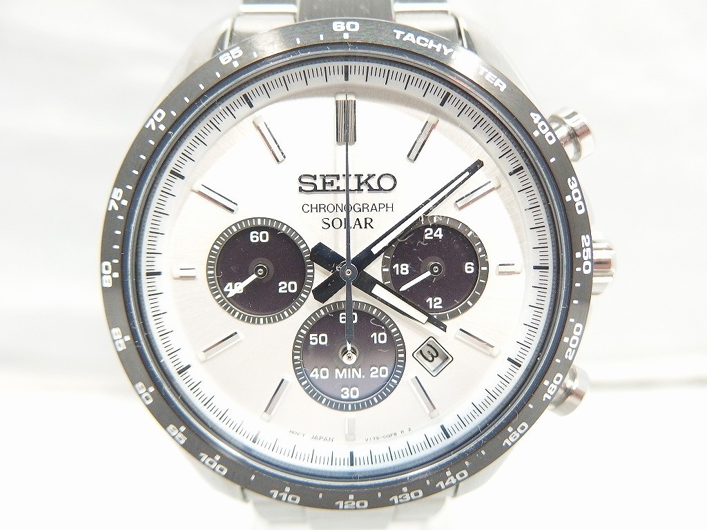 セイコー SEIKO ソーラー クロノグラフ アナログ腕時計 白、黒（文字盤）・ステンレスバンド SBPY165 【中古】