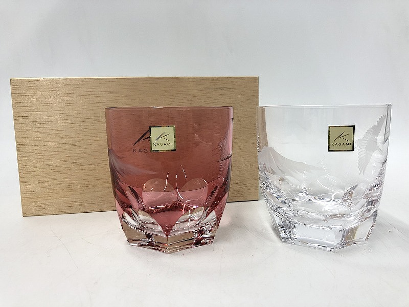 カガミ KAGAMI 食器 ロックグラス ペアセット 鶴と富士山 透明 赤 TPS8152-2738-AC 【中古】