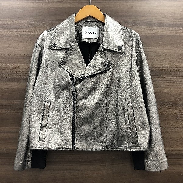 マックス\u0026コー MAX\u0026Co. 子ヒツジなめし革 ライダースジャケット メタリックシルバー 【中古】