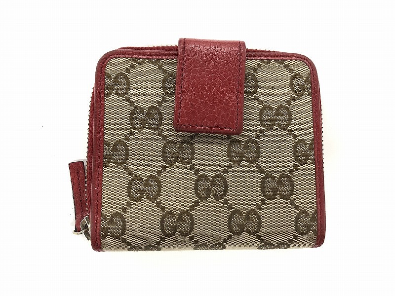 グッチ GUCCI GG帆布 ラウンドジッパー 二つ折り紙入れ コンパクトウォレット ベージュ 赤いこと 346056・2184 【中古】