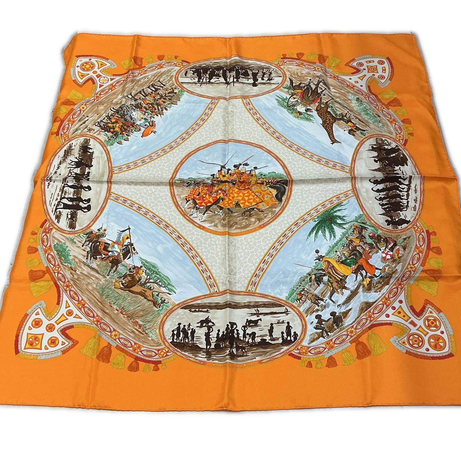 エルメス HERMES えり巻き オレンジ色 カレ90 スウィミングプール族の乗馬者【中古】