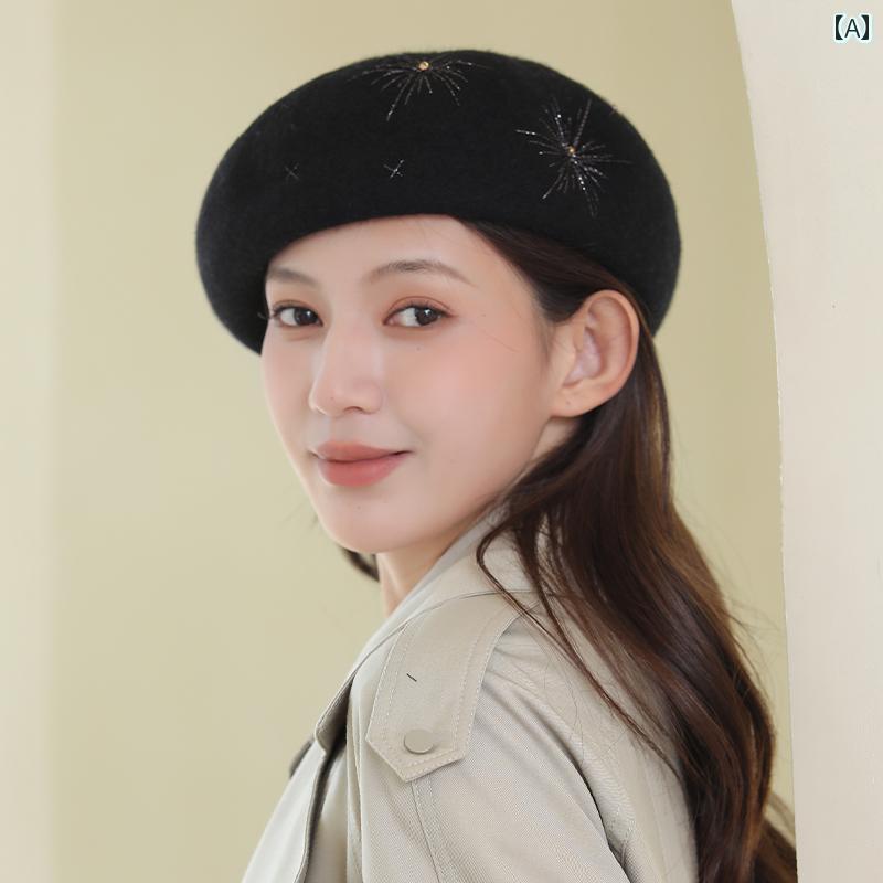 ベレー帽 レディース キラキラ 帽子 おしゃれ かわいい ウール レトロ 英国 ペインター ハット 秋冬 黒 白 キャメル