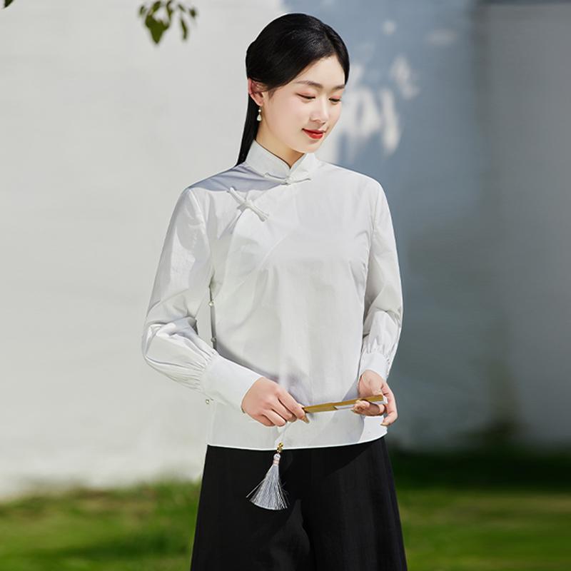 トップス シャツ ショート 中国風 レトロ スタンドカラー 白 女性 清楚 かわいい 春夏 レディース