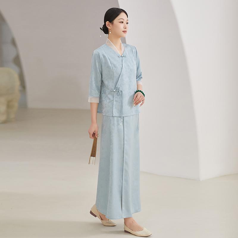 レディース 中華風 スーツ スカート ロング チャイナ ドレス セット ゴージャス 漢服 レトロ ジャケット トップス 総柄 中国風 春夏 女性 清楚 涼しい かわいい 婦人服｜way-ugo