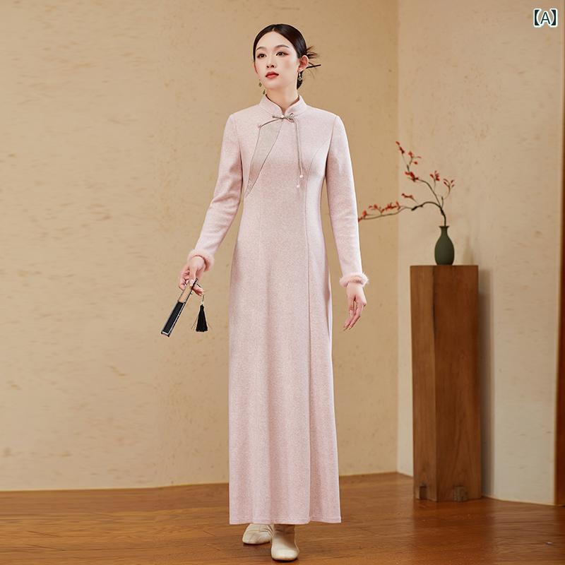 トップス ワンピース ロング コート チャイナ ドレス 長い ピンク 漢服 レトロ ジャケット 中国風 春夏秋 女性 清楚 かわいい 婦人服 レディース|way-ugo