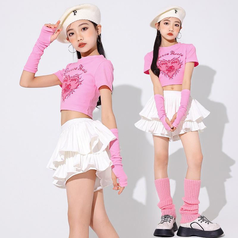 子供服 ダンス衣装 ピンク へそ出し 半袖 白スカート ハート セットアップ ヒップホップ キャットウォーク パフォーマンス ステージ ガールズ ジュニア キッズ ポップ