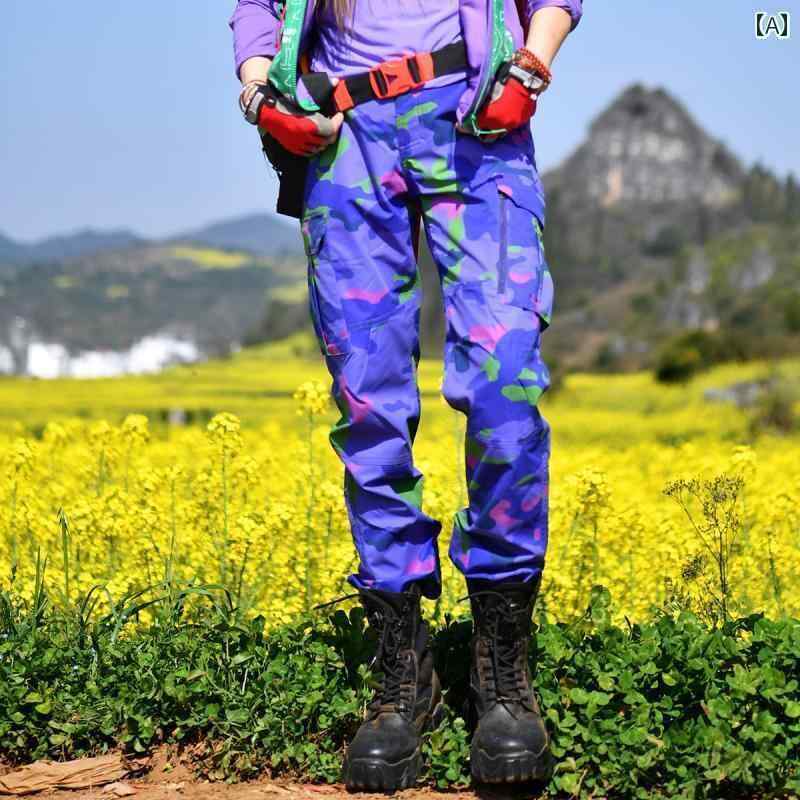 カーゴパンツ レディース ボトムス 迷彩 カモフラ 春夏 カジュアル 通気性 弾性 ツーリング スリム 速乾 パープル レッド｜way-ugo